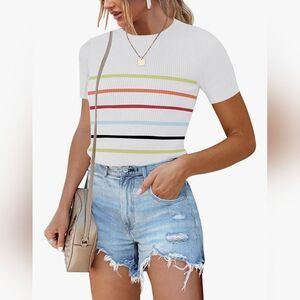 ☔️🔹️White w/Rainbow Stripes Fitted Ribbed Short Sleeve Top Medium